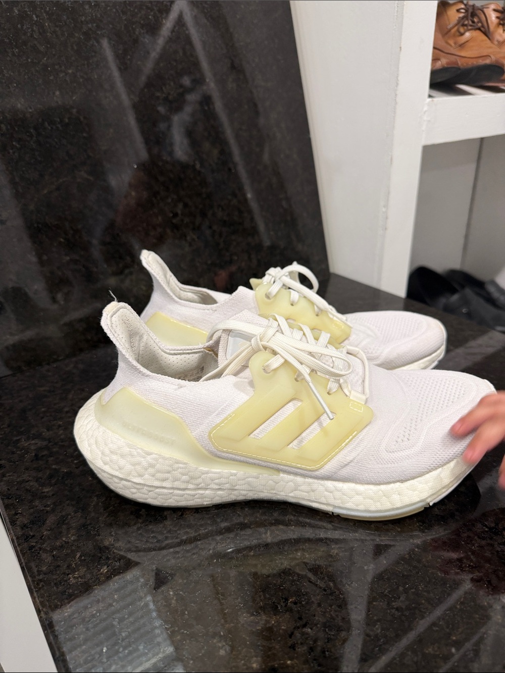 adidas Women’s White Knit Sneakers with Pale Yellow Accents